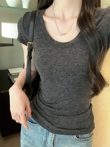 Stylish U-Neck Short Sleeve Slim Fit T-Shirt Womens American Retro Deep Flower Grey Shoulder Top Summer New Style Base Shirt