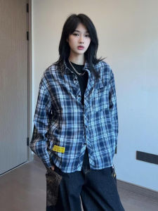 เสื้อเชิ้ตลายสก็อตคอตตอนสีน้ำเงินเข้ม ทรงหลวม แขนยาว ทรงหลวม สำหรับผู้ชาย ฤดูใบไม้ร่วง แฟชั่น คู่รัก เสื้อคาร์ดิแกน