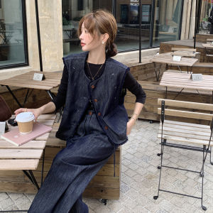 Black Knitted Base Shirt Casual Denim Vest Slim Straight Leg Pants Three Piece Set Womens Autumn Fashion Set round Neck Button Style