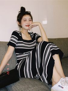 Váy Dệt Kim Dài Mùa Hè Cho Bà Bầu Tay Ngắn Kẻ Sọc Dài Thường Ngày Váy Dệt Kim Dài Cao Cấp Cho Bà Bầu Mùa Hè 2024