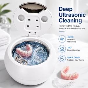 Dental Cleaning Pod 45kHz Ultrasonic Retainer UV Cleaner Machine Digital Timer 2 Modes 200ML Capacity for Dentures Mouth Guards
