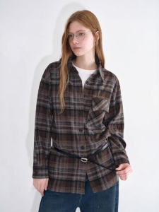 Fano | Áo Blouse Gingham Retro Cọ Xước Nút Trái Cây túi chéo nối