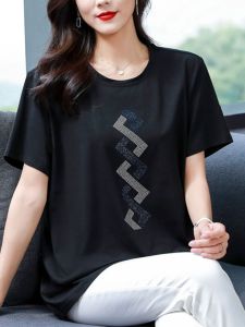 Mom Summer Clothes Plus Size Pure Cotton Short Sleeve T-Shirt Womens Mid Length Long Length 100.00kg Middle-Aged and Elderly Womens Clothing Slim Looking Belly-Covering Coat