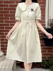 Preppy Style Doll Collar Dress Girl Summer Clothes Junior High School Students Age-Reducing Sweet Waist Trimming Mid Length Long Length Skirt