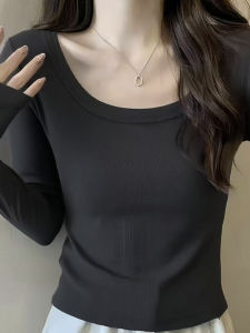 Black Versatile Long Sleeve U-Neck Base Shirt Womens Spring Autumn Style Casual Cotton Solid Color Commute Daily Wear