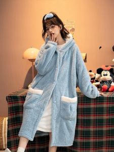 Adorable Blue Whale Coral Fleece Long Pajamas Womens Winter New Thickened Flocking Wide Plush Robe Home Clothes plus Size
