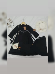 Baju Gamis Anak Hitam Madinah Bordir depan Free Hijab Untuk Usia 4 - 12 Tahun Bahan Toyobo Premium