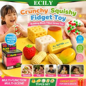 ECILY 🔥In stock🔥 Crunchy Squishy Fidget Toy ASMR Stress Relief Ball Filled With Blocks Slow Rising TPE Squeeze Toy For Anxiety Autism Kids Adults Gift