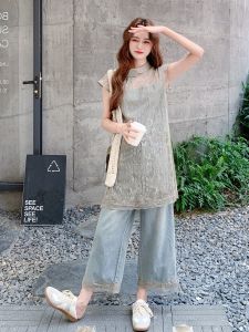 YINLUOYA | ชุดเสื้อเชิ้ตและกางเกงขายาวผ้าเดนิมลูกไม้สไตล์ฝรั่งเศสสไตล์เกาหลีสไตล์จีนใหม่สองชิ้น ชุดลำลองฤดูร้อนสำหรับผู้หญิง