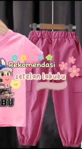 Setelan labubu anak perempuan baju anak perempuan viral onset cargo baju kaos anak