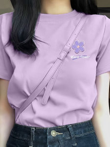True Weave Purple Short Sleeve T-Shirt Women Pure Cotton Summer Loose Shoulder round Neck Top Casual Daily Style Jeanswest