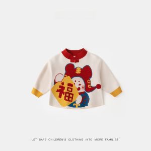 Thickened Winter Knitted Sweater for Kids Cartoon Festive New Year Clothes Red Tang Suit Warm Top for Babies And Children