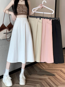 กระโปรงยีนส์ทรงเอเอวสูงทรงหลวมสีน้ำตาลครึ่งตัวสำหรับผู้หญิงในช่วงฤดูร้อนปี 2025 กระโปรงทรงคลุมสะโพกทรงเอทรงหลวมยาวปานกลาง