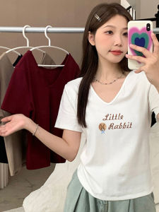 White V-Neck Loose Fit Short Sleeve T-Shirt Womens Summer Top Cotton Polyester Blend Comfortable Breathable Printed Design