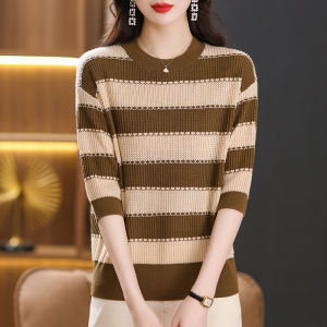 Plus Size Ice Silk Knitted Shirt for Women Striped Seven-Half Sleeve Extra Large Mommy Outerwear  Silk Pullover
