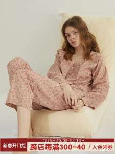 Dodococo V-neck Front Buckle Cotton Floral Pajamas Womens Spring and Autumn Long Sleeve Loose Thin Sweet Home Wear Suit