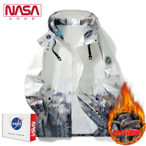 NASA Collaborative Mens Long Coat Jacket with Hood Thickened Fleece Autumn New Style Youth Student Wear Polyester Fabric