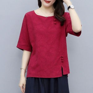 Top for Women Womens Short Sleeve T-shirt Summer Cotton Linen Blouse Plus Size Blouse Women ﻿新年衣服2025 Hanfu women chinese  红色上衣女 cny top