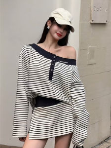 American Retro Color Block Long Sleeve Sweatshirt Womens High Waist Slim Short Skirt Two Piece Set Striped Diagonal Shoulder