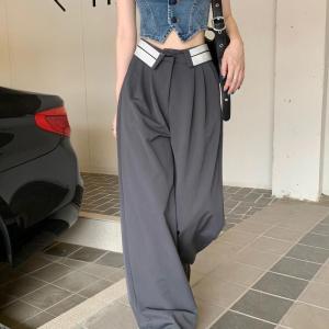 กางเกงขายาวทรงตรงเอวสูงสีดำ กางเกงขายาวทรงหลวมสบายๆ สำหรับผู้หญิงในช่วงฤดูร้อน กางเกงขายาวทรงหลวมสไตล์สตรีทสำหรับใส่ไปทำงาน