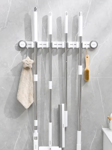 Ecoco Suction Cup Mop Holder Aluminum Adjustable Wall Mop Broom Hanger with Sliding Hook