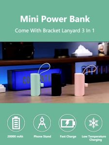 Powerbank Mini Pocket 20000mAh Power Bank Fast Charge Portable Powerbank Four LED Indicators With Bracket And Type C & IOS Build - In Cable