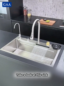 GAA Multi-functional SUS304 Stainless Steel Sink 10-piece set Kitchen Sink with Waterfall Pull-out Faucet