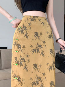 Retro National Style Print Skirt Womens Summer Thin Satin High Waist A- line Mid Length Long Length Split Straight Bodycon Dress