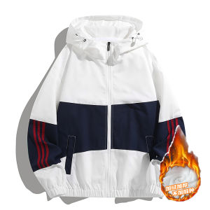 NASA Collaborative Mens Fleece Lined Baseball Jacket Youthful Trendy Spring Autumn Hooded Coat Windproof Polyester Fiber