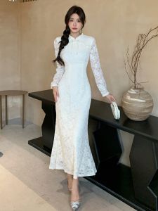 CHANGTONG | New Chinese Style High Waist Lace Bodycon Dress Elegant Ladylike Reformed Qipao Long Sleeve Floral Embroidery Button Detail
