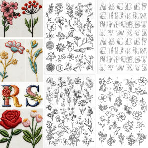 Stick and Stitch Embroidery Patterns Water Soluble Stabilizer Wash Away Sewing Paper Pre-Printed Floral Alphabet for Hand Sew