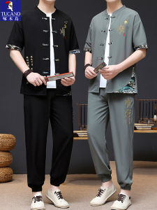 TUCANO New Chinese Style Summer Wind Ice Silk Thin Short Sleeve Mens Set Tang Costume Two-Piece Set Embroidered No Ironing Required