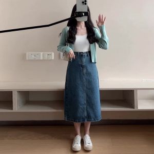 พลัสไซส์ เดนิม ยาว กระโปรง ทรงเอ กระโปรงยาวปานกลาง ปกปิดพุงและ สะโพก สไตล์ฮ่องกงย้อนยุค ชิค ฤดูร้อน แฟชั่น ผู้หญิง กระโปรง S