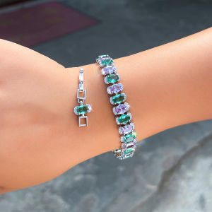 SEQUITO Charming Ladies Bracelet Silver Plated Pave Setting Green Purple AAAAA Cubic Zirconia Jewelry for Daily Party B407