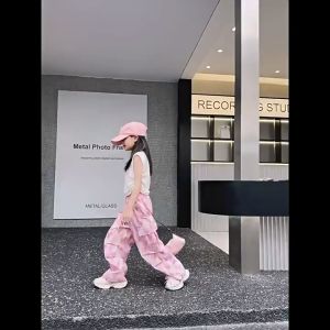 New Cargo Pants for Kids Girls Hearts Multi-pocket Korean Causal Baggy Cargo Pants for Kids Girl 6-16Yrs Wide Leg Trousers 4 Pocket Loose Pants Ice Silk Pink Candy Pants