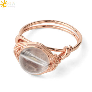 Round Natural Stone Ring Rose Gold Color Wire Wrap Handmade Opal Clear Quartz Obsidian Rock Crystal Finger Ring Healing G345