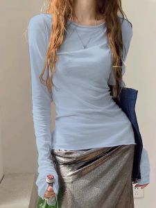 Raspberry Pink Thin Long Sleeve Womens T-shirt Spring Autumn Base Layer Inner Wear Top Regular Fit Korean Style Commute