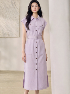 Roey s house | Purple Pink Collar Waist Accentuation Linen Summer Commuter Shirt Dress