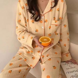 Autumn Winter Womens Sleepwear Pure Cotton Pleated Long Sleeve Set Cute Print Sweet Girl Student Can Wear out Home Clothes