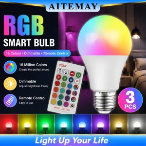Aitemay 3Pcs E27 RGB LED Multicolor Bulb 16 Colors Dimmable Remote Control Ambience Lighting for Home Party Bedroom Ceiling Decor