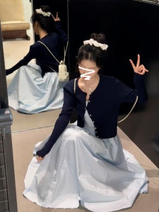 2025 New Korean Style Womens Long Skirt Set Sweet High Waist A-Line Dress Autumn Winter Inner Wear Casual Date Outfit