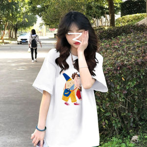 plus Size Womens Cotton T-Shirt Loose Fit Short Sleeve Green Color Summer Casual Style round Neck Print Design Korean Fashion