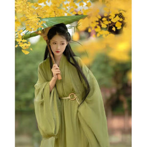 ชุดฮันฟูสีเขียว 2025 ใหม่ ชุดโบราณสำหรับผู้หญิง แขนกว้าง คอวี ทรงหลวม กระโปรงยาวคลุมเข่า ชุดฮันฟูสไตล์โบราณ