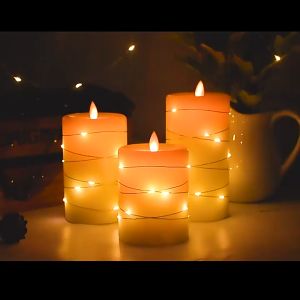 Set of 3 Real Wax Flameless Candles with Embedded String Lights Battery Operated Flickering LED Fake Candle Set with Remote Control Cycling 24 Hours Timer 4" 5" 6" Pack of 3