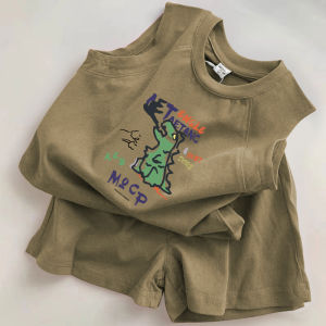 Boys Summer Outfit Vest Set Sporty Sleeveless Two-Piece Suit for Middle And Small Children Baby Shorts Cartoon Print Casual Wear