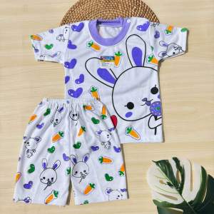 Setelan Harian Baju Bayi 3-12 Bulan Kaos Oblong Lengan Pendek Motif Kelinci Wortel Piyama Tidur Katun Parsel Perempuan - dmbabywear