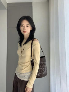 YOZO STUDIO Asymmetric Lace Splicing Long Sleeve Slimming Knitted Top Womens Fashion Commute Style Regular Length Pure Color