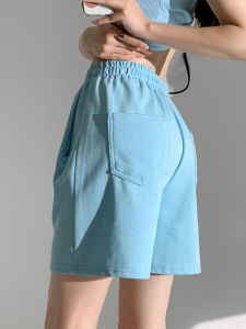 กางเกงขาสั้นสปอร์ตสีน้ำเงินสำหรับผู้หญิงในช่วงฤดูร้อน กางเกงขายาวเอวสูง ทรงตรง กางเกงขายาวห้าส่วน สไตล์ลำลอง