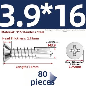 TIANZHUOJINSHU | 316 Stainless Steel Cross Recessed Drilling Self-tapping Flat Head Screws