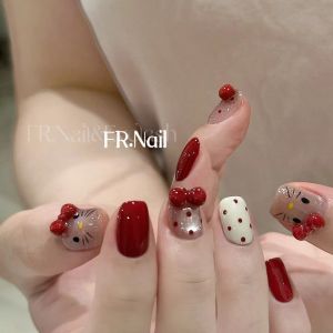 Handmade Polka Dot KT Cat Short Wearable Nails Red New Year Cute Design Womens Nail Art Patches Chinese New Year Autumn Winter